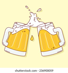 Cheers of two splashing foamy beer mugs isolated on yellow background. Vector illustration