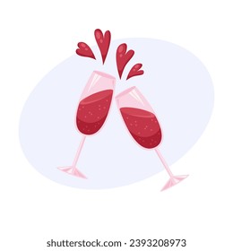 Cheers. Two wineglass with red wine and hearts. Vector illustration for Valentine’s Day 