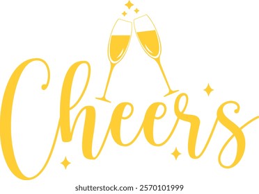 Cheers typography clip art design for T-shirts and apparel, Happy New Year art on plain white background for shirt, hoodie, sweatshirt, card, tag, mug, icon, poster or badge