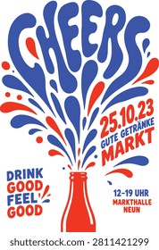 Cheers Typography Poster Vector – Celebration Bottle Splash, Retro Event Flyer and Party Graphic Design