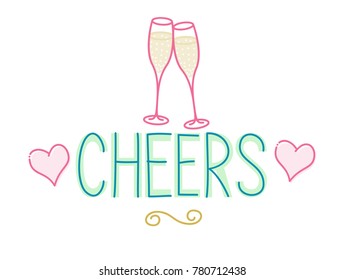 Cheers. Valentine's day greeting card with hand lettering and two pink clanging glasses with hearts. Illustration isolated on white background flat line art style.