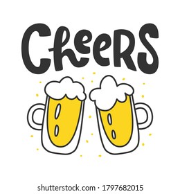 Cheers vector hand drawn lettering with two glasses of beer