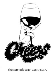 Cheers. Vector hand drawn realistic illustration of female hand with glass of wine isolated. Creative tattoo artwork. Template for card, poster. banner, print for t-shirt, pin, badge, patch.