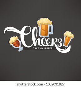 Cheers, vector illustration with draft beer mugs and lettering composition for your pub logo, label, menu, emblem