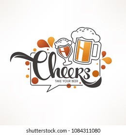 Cheers, Vector Illustration With Draft Beer Mugs And Lettering Composition For Your Pub Logo, Label, Menu, Emblem, Line Art, Doodle Style