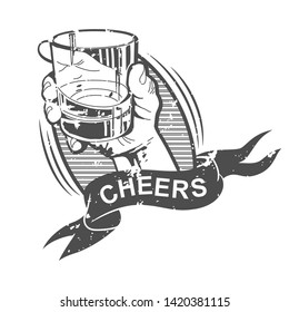 Cheers Vector Illustration With Hand Holding Whiskey Glass And Banner Ribbon Isolated On A White Background.