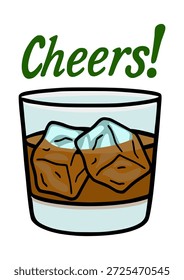 Prost! Vektorgrafik eines Whisky-Glases mit Eiswürfeln und grünem Text