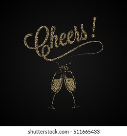 Cheers Vintage Lettering. Gold Champagne Cheers Sign Background.