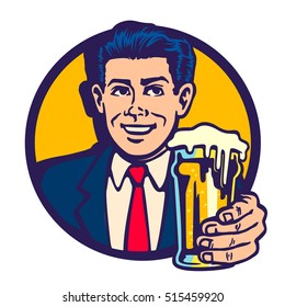 Cheers! Vintage mid-century man holding beer pint glass and drinking a toast cartoon vector illustration