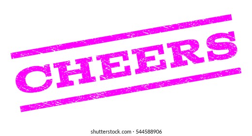 Cheers watermark stamp. Text tag between parallel lines with grunge design style. Rubber seal stamp with scratched texture. Vector magenta color ink imprint on a white background.