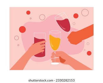 Saluda al vino y al champán una copa con los amigos, fiesta y disfruta de beber juntos. Dibujo plano vectorial