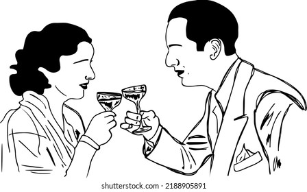 Cheers with wine glass sketch drawing stock images, Line art illustration vector silhouette of man and woman doing cheers with wine glasses