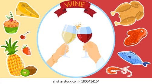 Cheers wine tasting vector illustration. Cartoon flat wine alcohol drink concept with human winelover hands holding wineglasses of red or white surrounded by tasty food, cheese meat fish fruit dessert