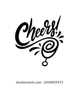 Cheers word text. Black color vector illustration glass wine or champagne and font. Vector art isolated.