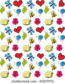 Cheery background of love snails and dragonflies