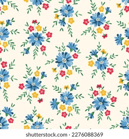 Cheery and Bright Chintz Romantic Meadow Wildflowers Vector Seamless Pattern. Cottagecore Garden Flowers and Foliage Print. Homestead Bouquet. Farmhouse Background