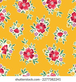 Cheery and Bright Chintz Romantic Meadow Wild Flowers Vector Seamless Pattern. Cottagecore Garden Flowers and Foliage Print. Homestead Bouquet. Farmhouse Background