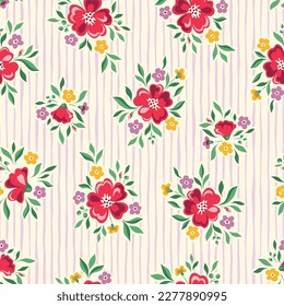 Cheery and Bright Chintz Romantic Meadow Wild Flowers and Stripes Vector Seamless Pattern. Cottagecore Garden Flowers and Foliage Print. Homestead Bouquet. Farmhouse Background