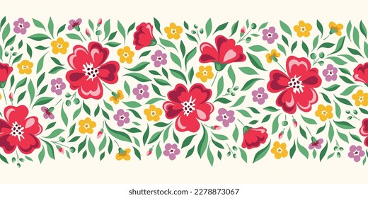 Cheery and Bright Chintz Romantic Meadow Wild Flowers Horizontal Vector Seamless Pattern Border. Cottagecore Garden Flowers and Foliage Print. Homestead Bouquet. Farmhouse Background