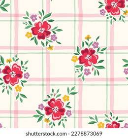 Fröhliche und helle Chintz romantische Wiesenblumen und Plaid Schecks Vektor nahtlose Muster. Kernstück Gartenblumen und Blattdruck. Hausfrau Bouquet. Bauernhof-Hintergrund