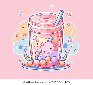 A cheery bubble tea cup with wacky bubbles and tapioca pearls all around it