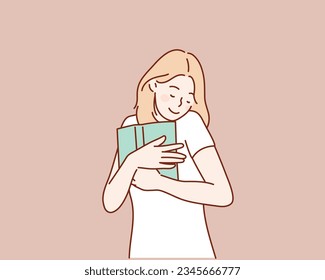  una mujer alegre y elegante de cabello amarillo abrazando un libro. Ilustraciones de diseño vectorial de estilo dibujado a mano.