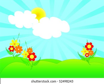 Cheery grassy hillside with flowers and clouds