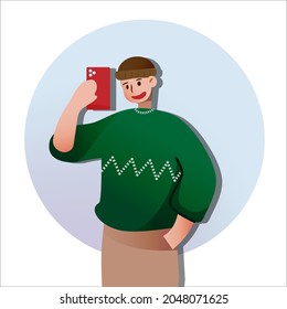 Cheery handsome man taking a selfie photo with smartphone. Vector illustration in a flat style.