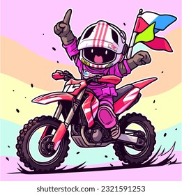 A cheery motocross rider hoisting a victory flag