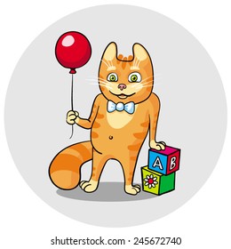 cheery red cat with red ball and dice
