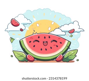 A cheery watermelon slice relaxing on the beach