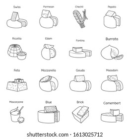 Chees and foodvector outline icon set.Vector isolated illustration swiss, parmesan, ricotta, edem.Icon set of chees product.