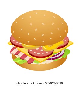 Cheesburger icon. Isometric of cheesburger vector icon for web design isolated on white background
