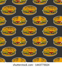 Cheesburger. Vector concept in doodle and sketch style. Hand drawn illustration for printing on T-shirts, postcards. Seamless pattern for textile, paper wrap.