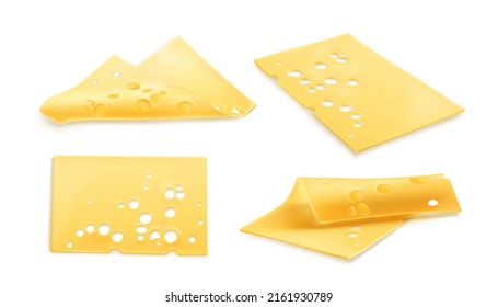 Cheese 3d realistic vector illustration. Thin square slices of cheez, cheddar with holes, holland or swiss food, set icons isolated on white background