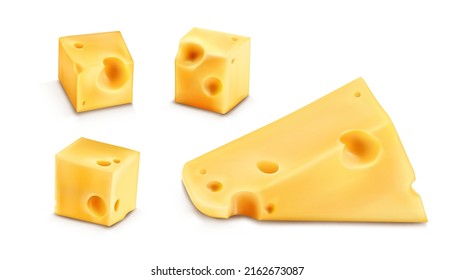 Cheese 3d realistic vector illustration. Triangle, cube or chunk slices of cheez, cheddar with holes, holland or swiss food, set icons isolated on white background