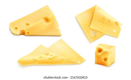 Cheese 3d realistic vector illustration. Triangle, cube or chunk and thin square slices of cheez with holes, food icons set isolated on white background