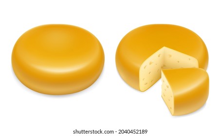 Cheese 3d realistic vector objects, isolated on white background . A whole head of yellow cheese with a cut piece. Parmesan cheese. Dairy products, realistic 3D vector
