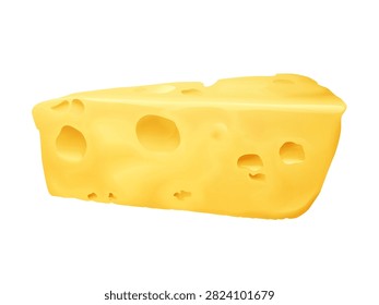 Cheese 3D vector illustration. Emmental or Cheddar and Edam cheese triangle lump with holes isolated on white background for dairy food or product package design template