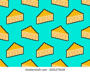 Cheese 8 bit pixel art seamless pattern. Pixel cheese with holes in 8 bit retro video game graphics style 80s - 90s. Design for wrapping paper, banners, and fabric prints. Vector illustration