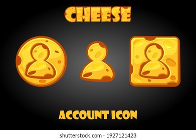 Cheese accounts buttons to the game menu. Vector set of cartoon icons for GUI