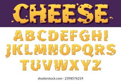 Alfabeto de queso. Típica editable de dibujos animados para el logotipo del producto del queso, tipografía graciosa para el logotipo de la comida de aperitivos. Colección aislada de vectores. Cartas amarillas y números con agujeros para la educación