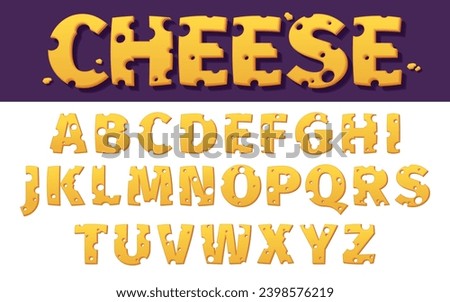Cheese alphabet. Cartoon editable typeface for cheese product logo, funny typography for snack food logo. Vector isolated collection. Yellow letters and numbers with holes for education set