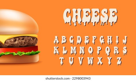 Cheese alphabet. Melted font for restaurants and fast food. ABC vector elements. Menu typo for printing projects. Cheeseburger food typography.