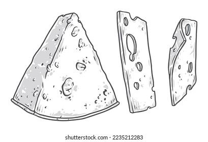 Cheese appetizer labels monochrome set Maasdam or Cheddar cut into thin slices and triangle for decorating recipes vector illustration
