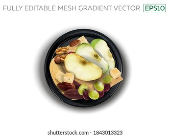 Cheese with assorted nuts and fruits on a black plate.