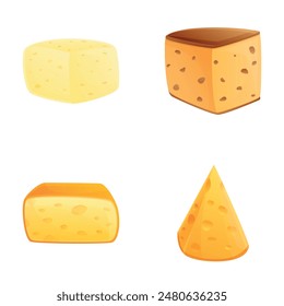 Cheese assortment icons set cartoon vector. Various type of hard and soft cheese. Dairy product, food concept