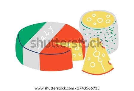 Cheese assortment with wedge, round wheel, and holes, evoking dairy and delicatessen. Italian theme suitable for menu and culinary branding. Vector illustration