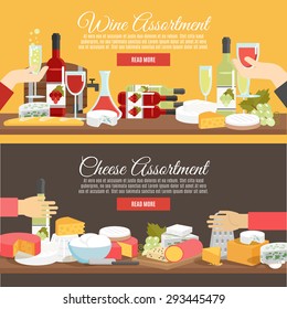 Cheese assortment and wine in bottles decanters and glasses flat color horizontal banner set isolated vector illustration