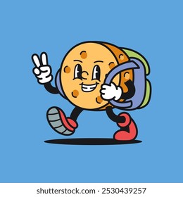 Queijo De Volta À Escola Retro Mascote Desenho Animado Vetor Ilustração